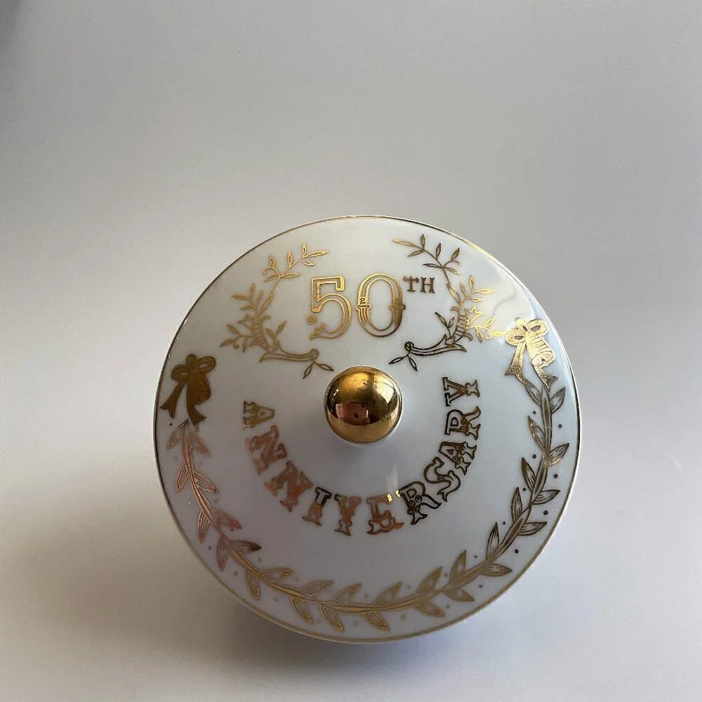 VINTAGE LEFTON CHINA 50TH ANNIVERSARY FOOTED CANDY TRINKET DISH GOLD LEAF